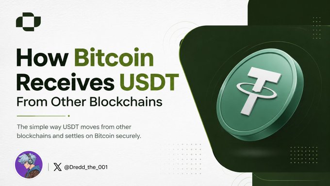 A slide titled 'How Bitcoin Receives USDT From Other Blockchains' featuring a Tether (USDT) coin graphic and a Twitter handle '@Dredd_the_001'.