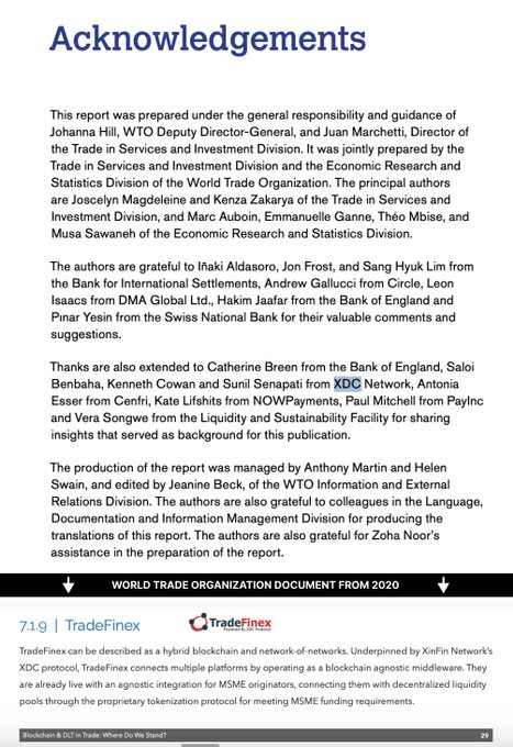 An acknowledgements page from a World Trade Organization document dated 2020, crediting Johanna Hill, Juan Marchetti, and other contributors from the Trade in Services and Investment Division.