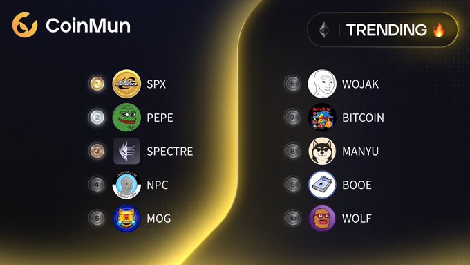 The image shows a "TRENDING" leaderboard from CoinMun featuring the top 10 trending Ethereum tokens, including $SPX, $PEPE, $SPECTRE, $NPC, $MOG on the left and $WOJAK, $BITCOIN, $MANYU, $BOOE, $WOLF on the right, each with their respective coin logos and Twitter handles listed below.