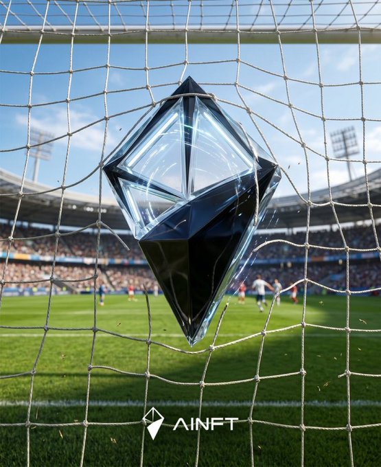 A 3D rendered image showing a faceted, crystalline Ethereum logo bursting through a soccer goal net during a match in a stadium, with the 'AINFT' logo at the bottom.