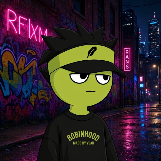 A digital illustration of a green cartoon character wearing a black visor with a feather logo and a black 'ROBINHOOD MADE BY VLAD' t-shirt, standing in a neon-lit cyberpunk alleyway with 'RANS' and graffiti signs.