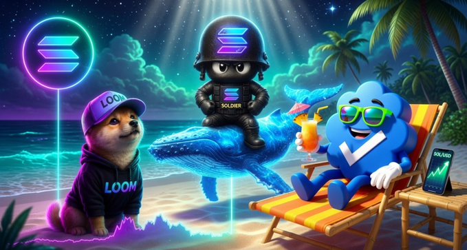 A vibrant digital illustration featuring a Shiba Inu dog wearing a purple 'LOOM' cap and hoodie next to a black 'SOLDIER' helmeted character riding a glowing blue whale, while a blue cloud-like character with sunglasses relaxes on a beach chair with an 'SOULBO' phone.