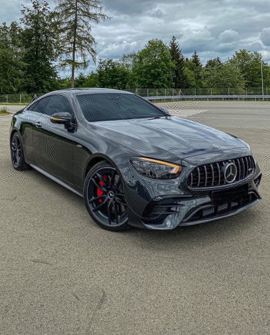 A photograph of a sleek black Mercedes-Benz coupe parked outdoors, with the image processed through a stylized, swirling distortion filter.