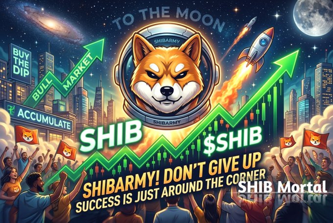 A vibrant crypto-themed illustration featuring a Shiba Inu dog in an astronaut helmet with the text 'TO THE MOON', 'SHIBARMY! DON'T GIVE UP', 'SUCCESS IS JUST AROUND THE CORNER', and 'SHIB Mortal' over a rising green stock chart and cheering crowd.