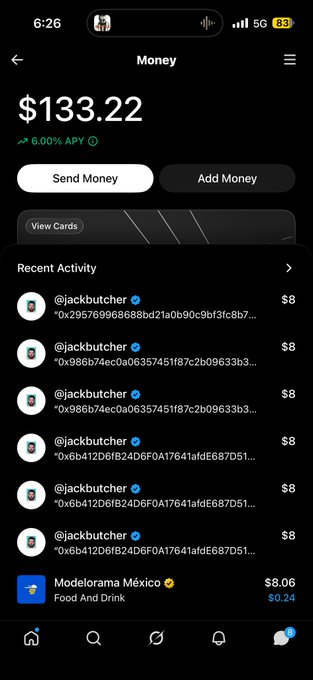 The image displays a Cash App wallet with a balance of $133.22 and a "Recent Activity" list showing multiple $8 transfers sent to the verified user @jackbutcher at the address 0x6b412D6fB24D6F0A17641afdE687D5171839dB75, alongside an $8.06 charge from Modelorama México. The screenshot illustrates the post's giveaway in action, showing the sender sending $8 increments (likely their closest available amount to $10) to multiple people, depleting their balance toward the stated goal of reaching zero.