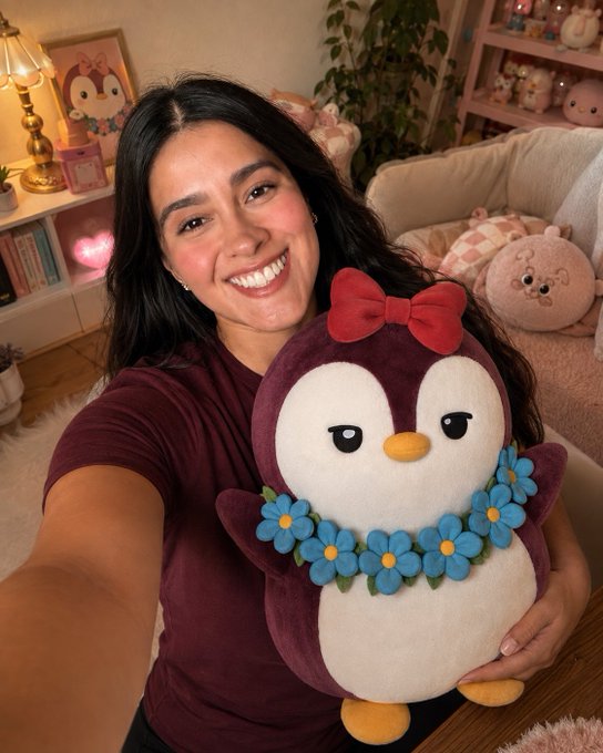 A woman smiles warmly while holding a plush penguin toy wearing a red bow and blue flower lei in a cozy, pink-themed room. The image matches the post, showing her with her "Lil Pudgy" plush companion wishing followers a good morning and a lovely Saturday.