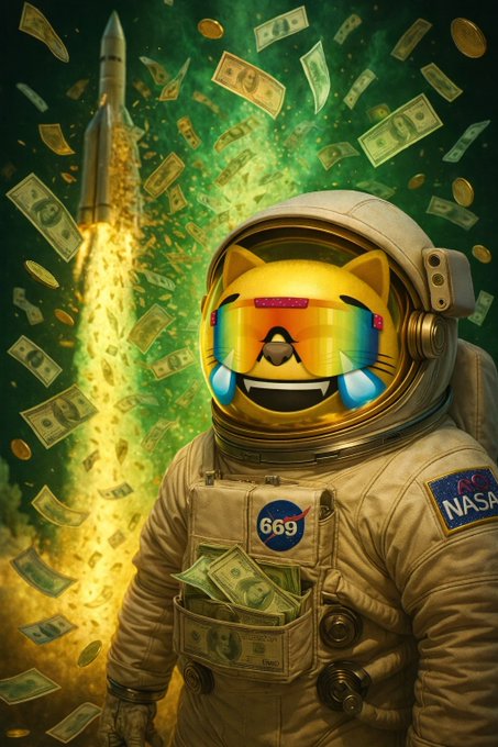 A vibrant digital artwork of an astronaut with a Shiba Inu dog face wearing a helmet, surrounded by flying money and a launching rocket, featuring 'NASA' and '669' patches.