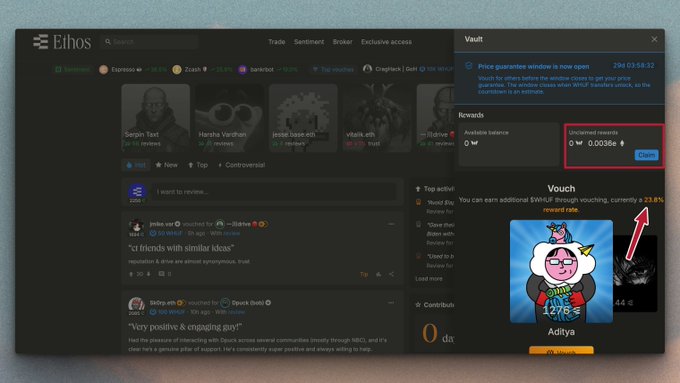 A screenshot of the Ethos cryptocurrency platform interface showing the Vault section with an unclaimed rewards balance of 0.0036 ETH, along with vouch and activity information.