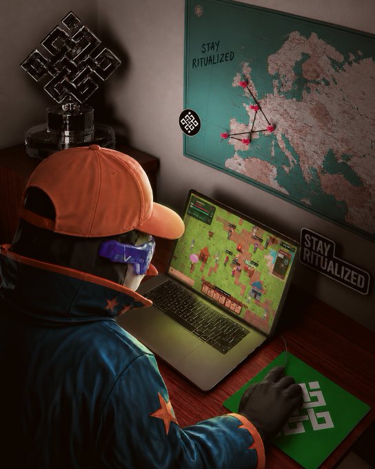 A stylized image of a person wearing an orange cap and blue jacket playing a farming simulation game on a laptop, with 'STAY RITUALIZED' signage and a map of Europe on the wall behind them.