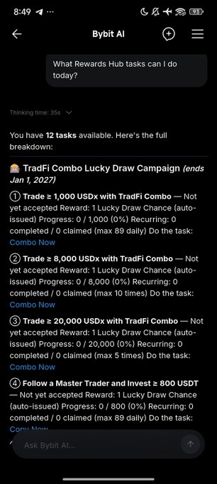 A screenshot of the Bybit AI app showing a list of 12 available Rewards Hub tasks for the TradFi Combo Lucky Draw Campaign ending Jan 1, 2027, including tasks to trade $\geq$ 1,000, 8,000, and 20,000 USDx and follow a Master Trader.