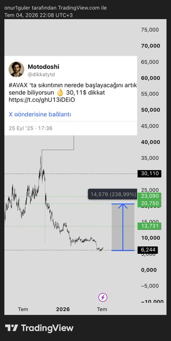 A TradingView chart of AVAX displays a measured move analysis showing a potential 238.99% rally to 30,110, with current levels around 13,731 and a bottom support at 6,244, corresponding to the post's prediction of a breakdown and subsequent 238% upside potential.
