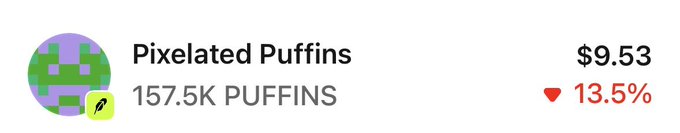 A cryptocurrency tracker showing 'Pixelated Puffins' priced at $9.53, down 13.5%, with a holding amount of 157.5K PUFFINS.