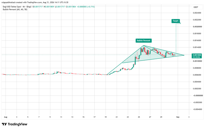 A TradingView chart of Dog/USD showing a "Bullish Pennant" pattern with a target price marked, as shared by user "srigopalbhastad" on August 31, 2025.