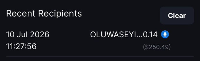 The image shows a "Recent Recipients" list with a transaction to "OLUWASEYI...0.14" for $250.49 on 10 Jul 2026 at 11:27:56, representing a recent cryptocurrency transfer likely being celebrated with the caption "Cheers."