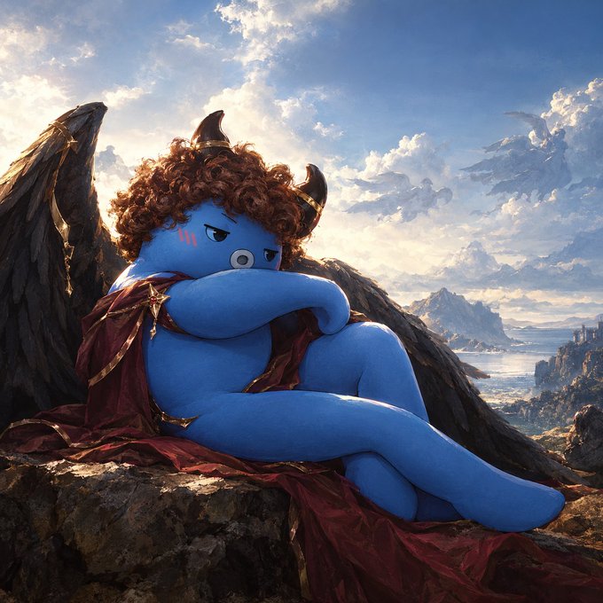 Fantasy art illustration of a blue plush creature with curly brown hair, small horns, and black angel wings wearing a red and gold robe, sitting on a rocky cliff overlooking mountains and sea under a cloudy sky.