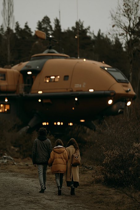 A moody, atmospheric image of three people walking down a path toward a large futuristic orange vehicle or structure in a forested area at dusk.