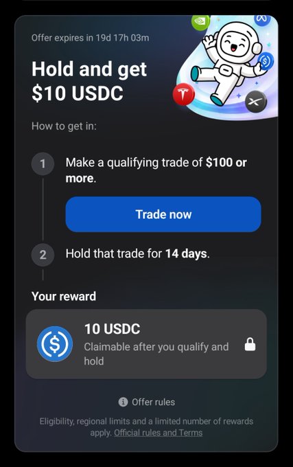 A mobile app promotional screen offering "$10 USDC" to users who make a qualifying trade of $100 or more and hold it for 14 days, with a countdown showing the offer expires in 19 days, 17 hours, 03 minutes.