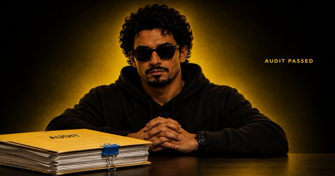 A stylized portrait of a man with curly hair and sunglasses sitting behind a stack of folders labeled 'AUDIT' with 'AUDIT PASSED' text displayed on the right against a dark yellow background.