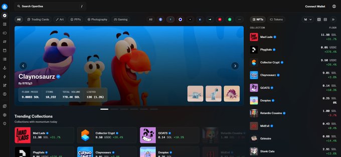 A screenshot of OpenSea's NFT marketplace showing the "Claynosaurz" collection featuring 3D animated dinosaur characters, with a floor price of 0.0862 SOL, total volume of 778.46 SOL, and listed at 136 items.