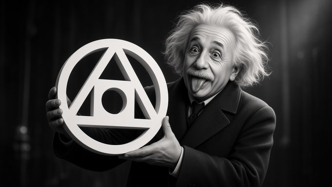 A black-and-white image shows an Einstein-like figure with wild white hair sticking out his tongue while proudly holding up a circular emblem featuring a triangle and circle design, playfully illustrating the post's point about $TAO challenging AI reasoning to the "Einstein test" — requiring AI to demonstrate reasoning paths convincing enough for the great physicist himself to trust.