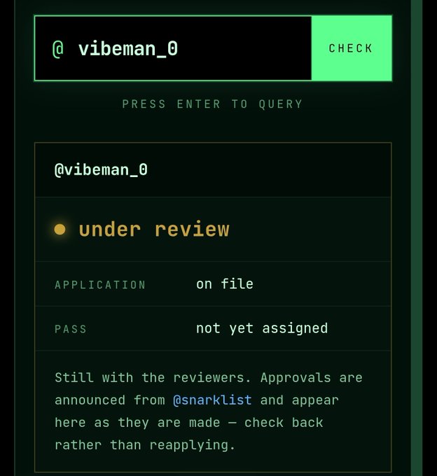The image shows a status check page on zksnarks.net for the username "@vibeman_0," displaying an "under review" status with the application "on file" and pass "not yet assigned," along with a note that approvals are announced from @snarklist. The accompanying post references this exact tool, with the user noting their own application is still pending and tagging reviewers for approval.
