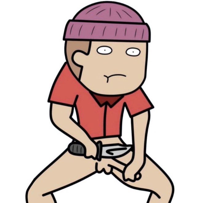 A cartoon illustration of a person wearing a purple beanie and red shirt holding a knife against their leg in a darkly humorous pose.