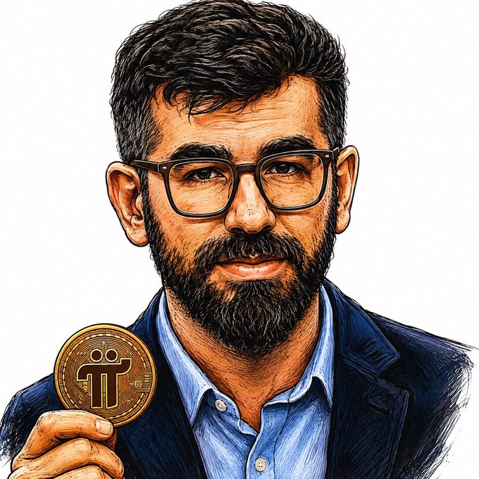 A stylized illustration shows a bearded man with glasses in a navy blazer and blue shirt, holding up a gold Pi Network coin marked with the "π" symbol and the word "PI," visually representing a Pi Network community member or representative for the #PiNetwork post.