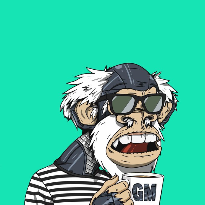A cartoon illustration of a white-haired monkey character wearing sunglasses and a striped shirt, holding a cup labeled 'GM' against a teal background.