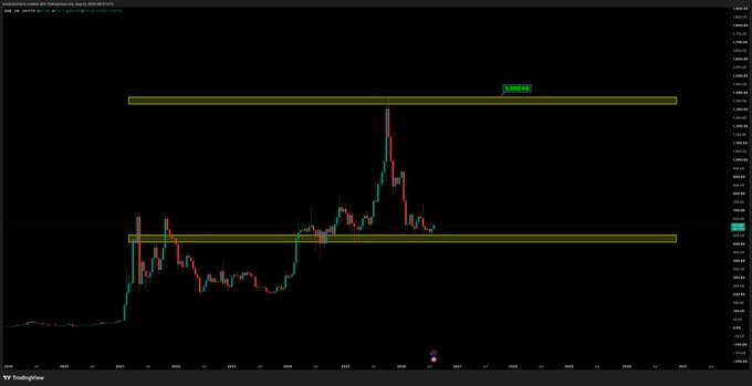 A candlestick chart of BNB/USD displays two horizontal yellow support zones, with the upper zone around the $619 area and a lower zone near $410, highlighting how prior all-time highs have flipped into support levels that coincide with prior peak price action from 2018-2024.