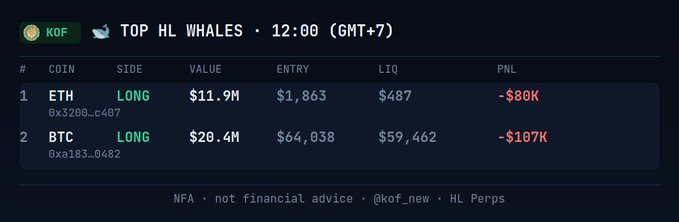 A dark-themed trading dashboard from @kof showing 'Top HL Whales' positions: an ETH long at $11.9M with -$80K PNL and a BTC long at $20.4M with -$107K PNL.