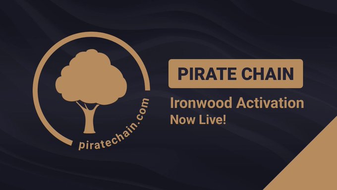A promotional banner for Pirate Chain featuring a tree logo on a dark blue background with gold accents; text reads 'PIRATE CHAIN Ironwood Activation Now Live!' and 'piratechain.com'.