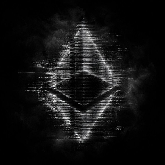 The image shows a stylized, glitchy digital rendering of the Ethereum logo (a diamond shape made of binary code/numbers) with a distressed, pixelated effect against a black background.

The image relates to the post as it visually represents Ethereum/cryptocurrency, fitting a context about minting and wallet (WL) registration — likely a project being built on the Ethereum blockchain that needed a new registration form due to technical issues with the previous one.