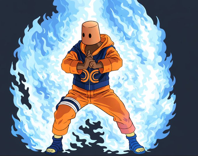 The image shows an anime-style character with a cardboard box for a head wearing an orange and blue outfit resembling Naruto, surrounded by swirling blue flames in a dramatic pose. It appears to be a stylized graphic accompanying a post about Seismic Systems, a privacy-focused blockchain project built on the EVM, though the image itself doesn't contain any text, numbers, or specific branding related to the post's content.