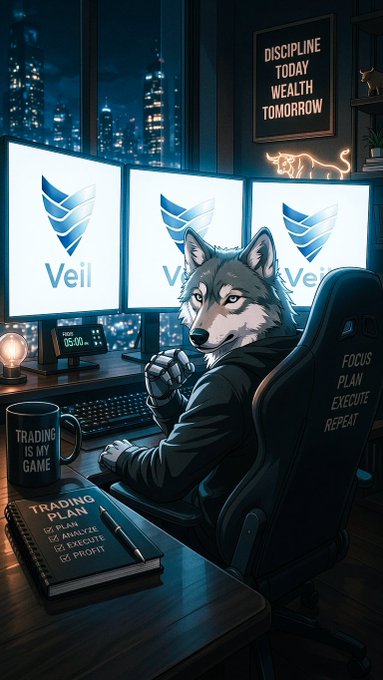 An anthropomorphic wolf in a hoodie sits before three monitors displaying the "Veil" logo, surrounded by motivational text including "DISCIPLINE TODAY WEALTH TOMORROW," "TRADING IS MY GAME," and "FOCUS PLAN EXECUTE REPEAT" on the chair. The image visually reinforces the post's theme of disciplined, private crypto trading under the VeilCurrency brand, portraying the trader as a focused alpha executing strategy with absolute privacy while markets panic.