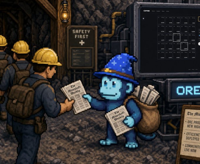 The image features a cartoon character dressed like a wizard, holding a newspaper and standing next to a computer screen displaying a calendar. The character appears to be reading or looking at the paper while being surrounded by other characters who are also wearing hard hats. In the background, there is a sign that says "Safety First" and another sign that reads "Ore".