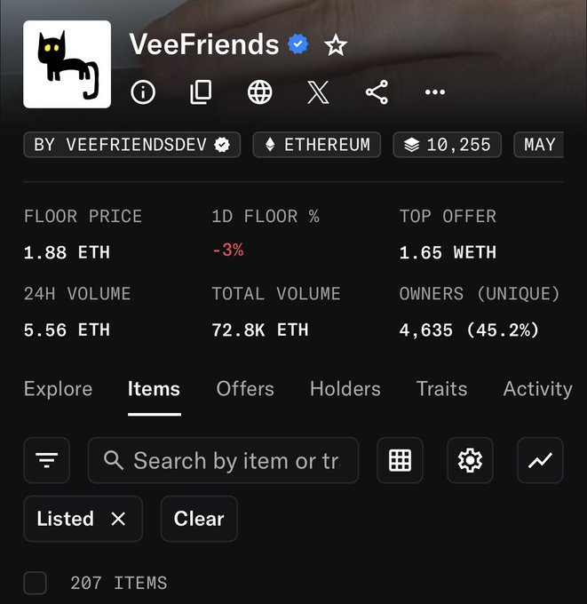 The image shows a marketplace listing for the Veefriends NFT collection, displaying a floor price of 1.88 ETH with 207 items currently listed, supporting the post's claim that Veefriends is close to breaking the 2 ETH threshold.

Key details visible: 24H volume of 5.56 ETH, total volume of 72.8K ETH, top offer of 1.65 WETH, and 4,635 unique owners (45.2%), along with a -3% 1D floor price change on the Ethereum network.