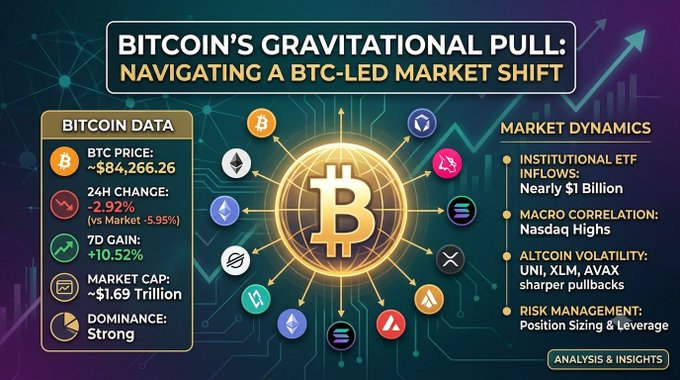 An infographic titled "BITCOIN'S GRAVITATIONAL PULL: NAVIGATING A BTC-LED MARKET SHIFT" showing Bitcoin at ~$84,266.26 with a -2.92% 24H change, alongside market dynamics data on ETFs and altcoin volatility.