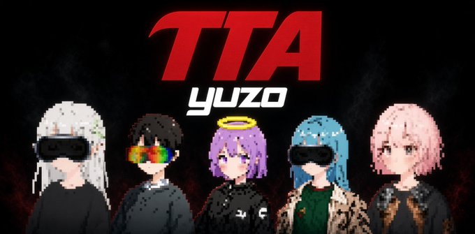 Five anime-style characters stand in a lineup beneath bold red 'TTTA' text and 'yuzo' written in white below it.