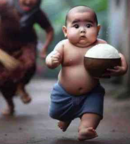 A determined baby clutching a large pot of rice runs frantically while being chased, humorously capturing the urgency in the post's warning about the quickly closing window to launch an NFT collection or meme coin before the crypto hype fades.