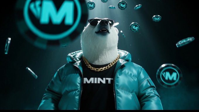 An anthropomorphic seal wearing sunglasses, a gold chain, and a teal puffer jacket with a shirt reading 'MINT' stands before floating teal coins bearing an 'M' logo.