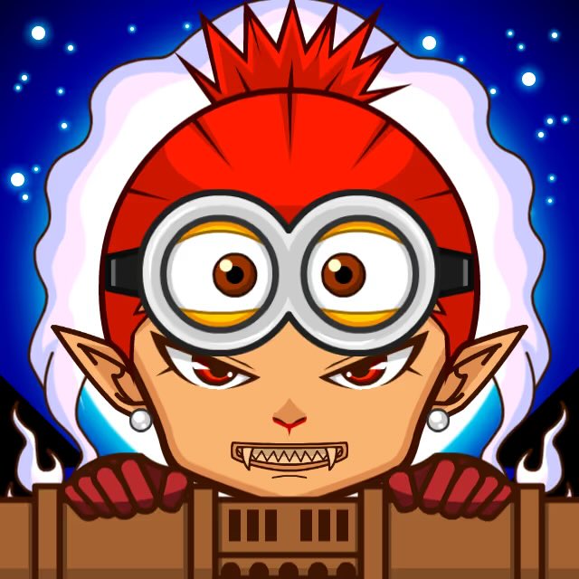 A cartoon character with spiky red hair, large goggles, pointed ears, and fangs peers over a wooden structure against a starry night sky.