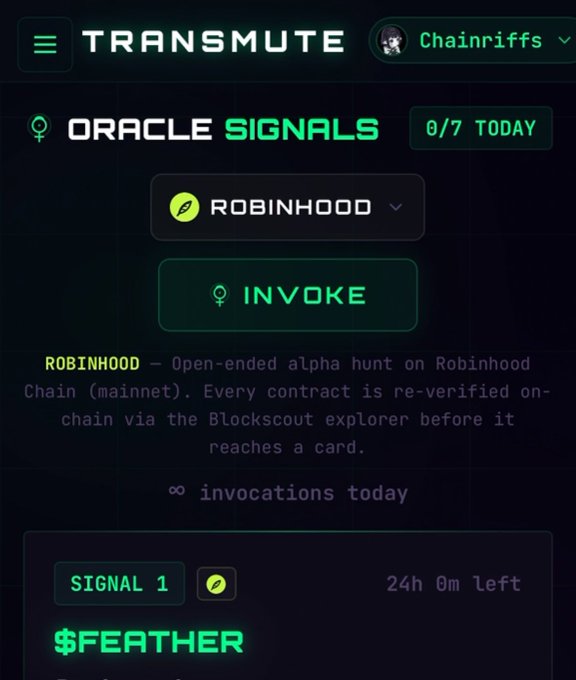 According to the screenshot, 'Robinhood' is chosen from the Oracle Signal tab and 'Invoked' is highlighted. The accompanying text claims that $FEATHER went from a market cap of 40,000 to 570,000, an approximate 14.25x increase since the posting, only within 24 hours, which is much faster than what is identifiable in the screenshot.