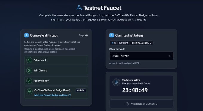 A computer screen displays a user interface for the "Testnet Faucet" service, with a progress bar and a claim form for testing purposes.