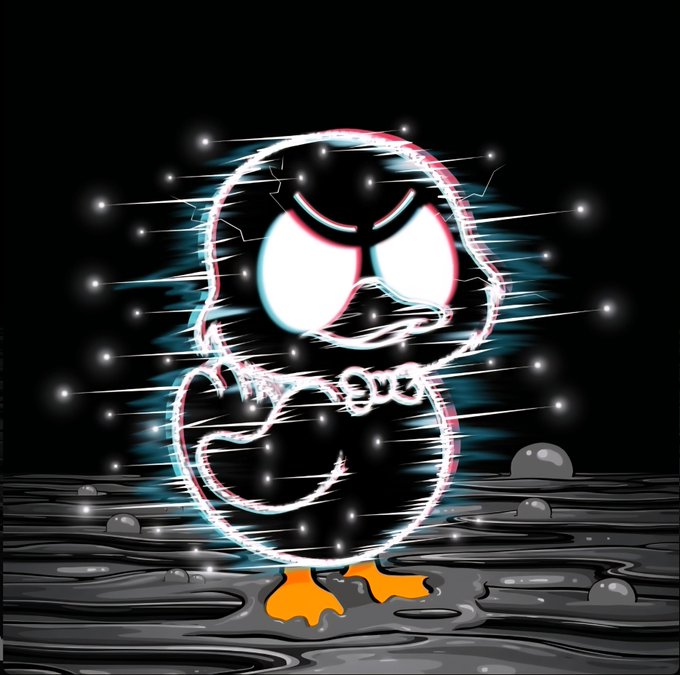 A cartoon penguin-like character with large white eyes stands on a dark liquid surface, surrounded by electric blue energy streaks and glowing particles against a black background.