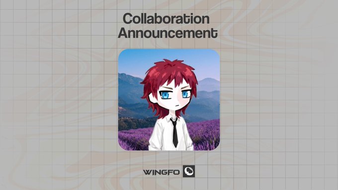 A collaboration announcement graphic featuring a chibi-style anime character with red hair and blue eyes in a lavender landscape, displayed under the text "Collaboration Announcement" and branded with "WINGFO." The image promotes the AKAI layer-based generative PFP collection launching on Robinhood Chain, with a supply of 9,999, mint price of 0.0004 ETH, and a raffle opening on Discord ahead of the September 23 mint date.