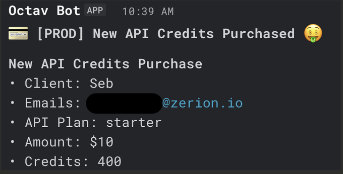 A Discord notification from Octav Bot announces 'New API Credits Purchase' for a client named Seb, showing a starter plan for $10 yielding 400 credits to a @zerion.io email.