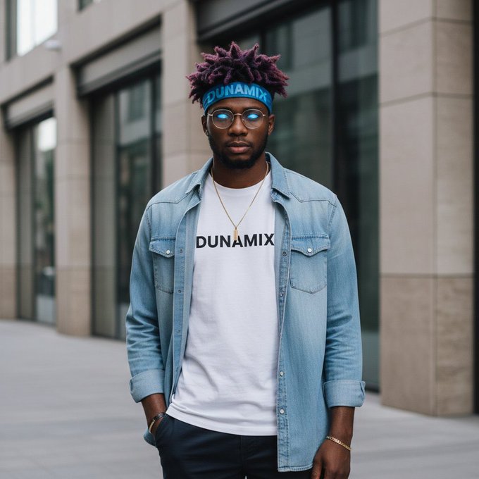 A young man wearing a denim jacket over a white "DUNAMIX" t-shirt, a blue "DUNAMIX" headband, glasses, and a gold necklace stands outside a modern building.