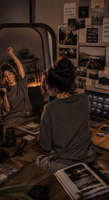 A young woman with her hair in a bun sitting at a desk in a dimly lit room, stretching her arm up and smiling in a mirror reflection, surrounded by photographs and camera equipment on the wall.