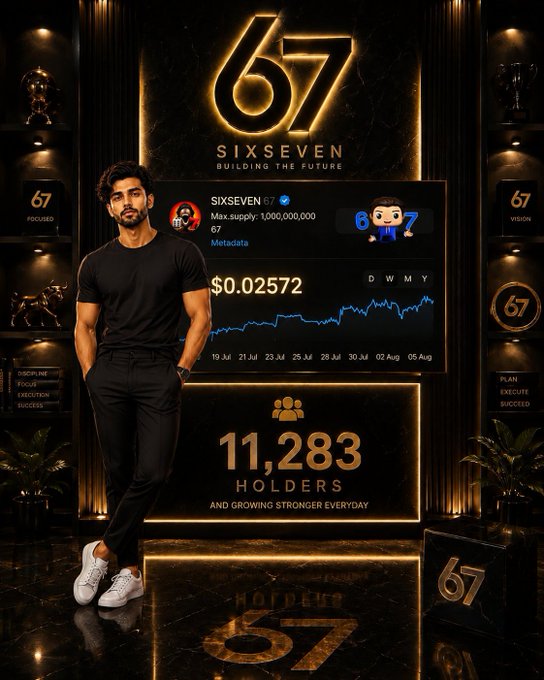 A promotional image featuring a man in black attire standing in a luxurious black and gold setting with the logo "67 SIXSEVEN BUILDING THE FUTURE", displaying "SIXSEVEN", "Max supply: 1,000,000,000", a price of "$0.02572", and "11,283 HOLDERS".