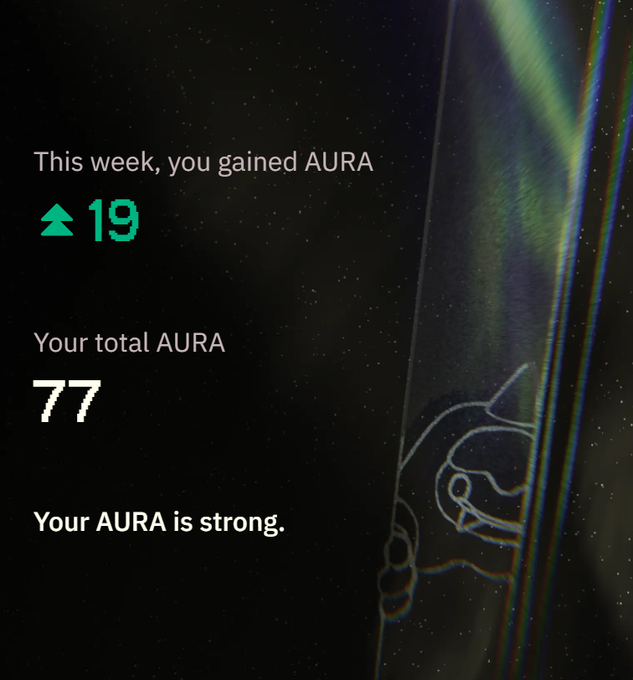 The image shows a rewards summary stating "This week, you gained AURA ▲19," with "Your total AURA 77" and the message "Your AURA is strong." This visually reflects the post's announcement that AURA Saturday is back, demonstrating the rewards earned by holding funds for the required period as outlined in @bulktrade's distribution.